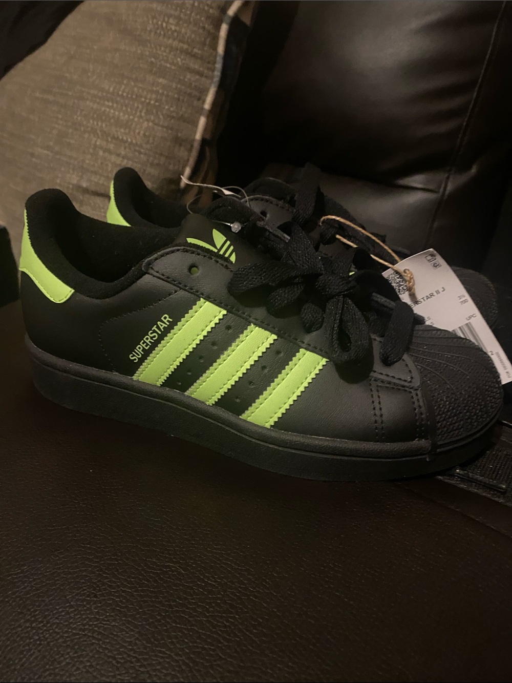 Big Kid’s Adidas Superstar Original in black and lime green (NWOB)